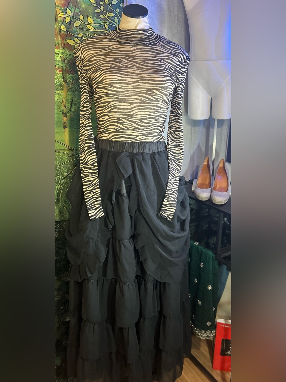 Emory Park Black & Tan Zebra-Print Long Sleeve Sheer Mock Neck Pull-Over Top